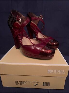Michael Kors Deep Red Croc-Accent Mary Jane Heels